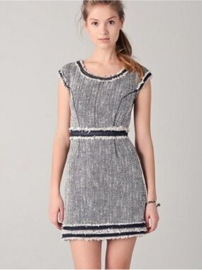 Rebecca Taylor Black and Gray Tweed Fringe-Trim Mini Dress